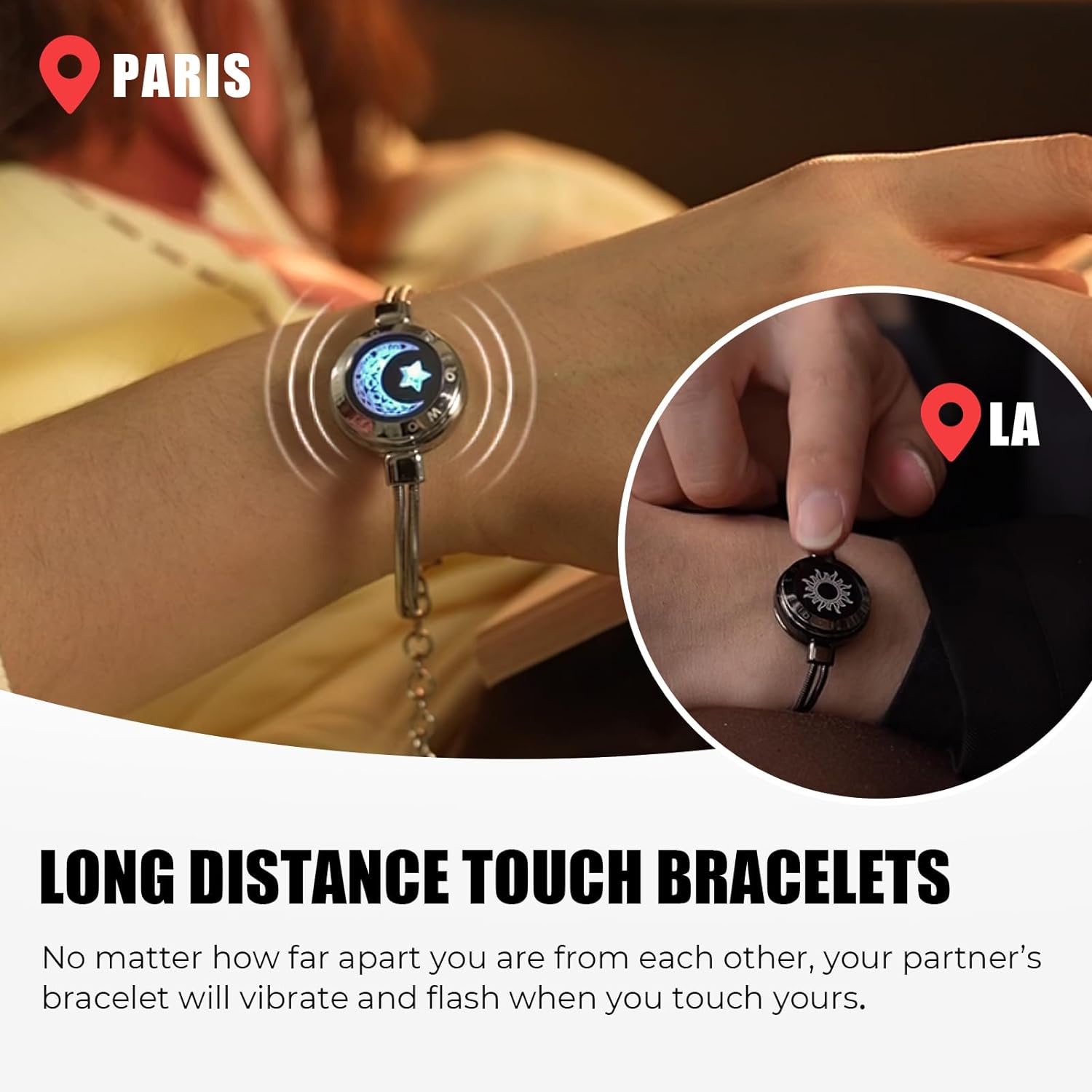 Dacida Long Distance Touch Bracelets for Couples, Vibration & Light up for Love Couples Bracelets | Long Distance Relationship Gifts for Girlfriend Bluetooth Pairing Jewelry