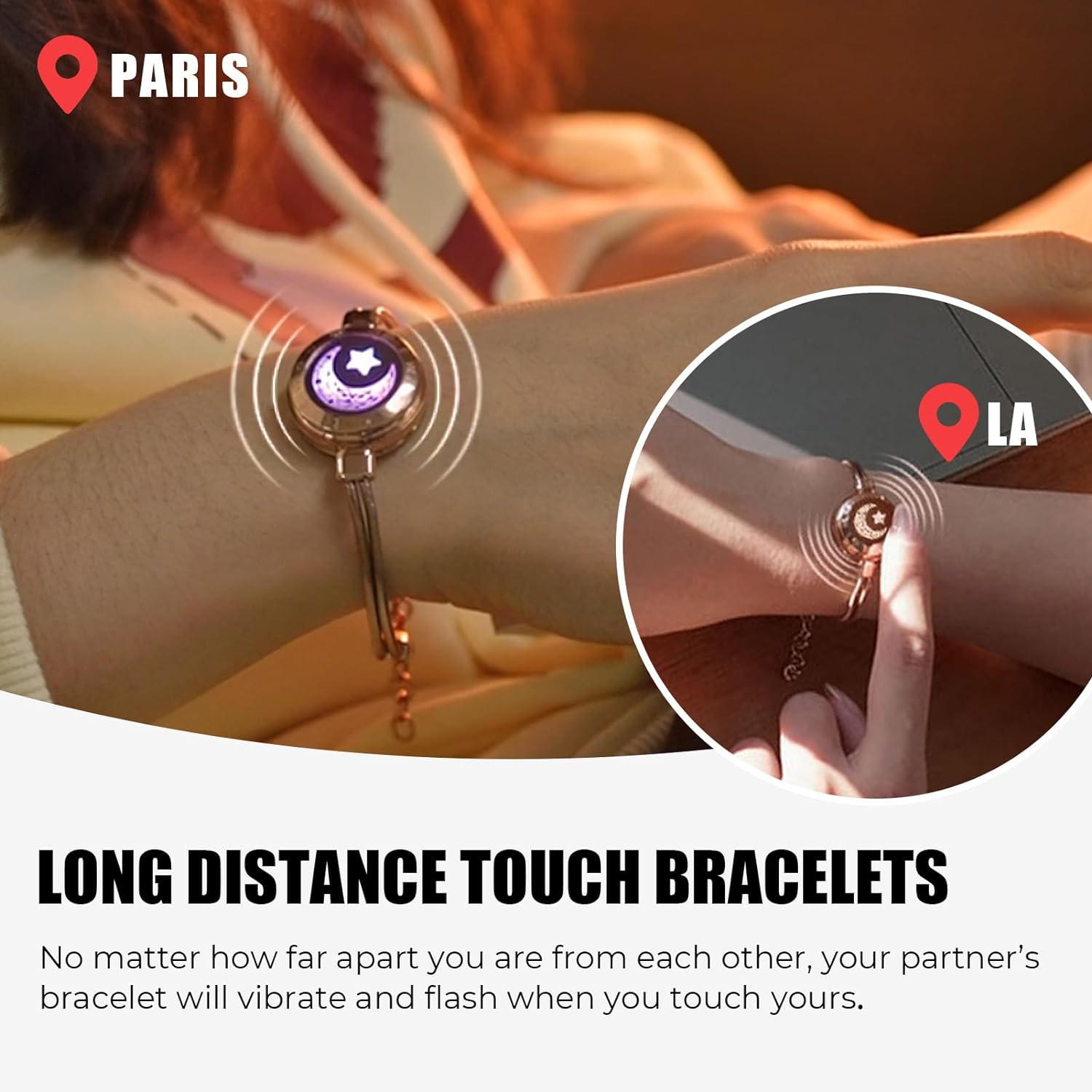 Dacida Couple Bracelet Couple Gifts Partner Bracelets with Touch Long Distance Relationship Gift for Long Distances Couple Love Gifts Vibration & Light Up Bluetooth Pairing Jewellery, Sun and Moon