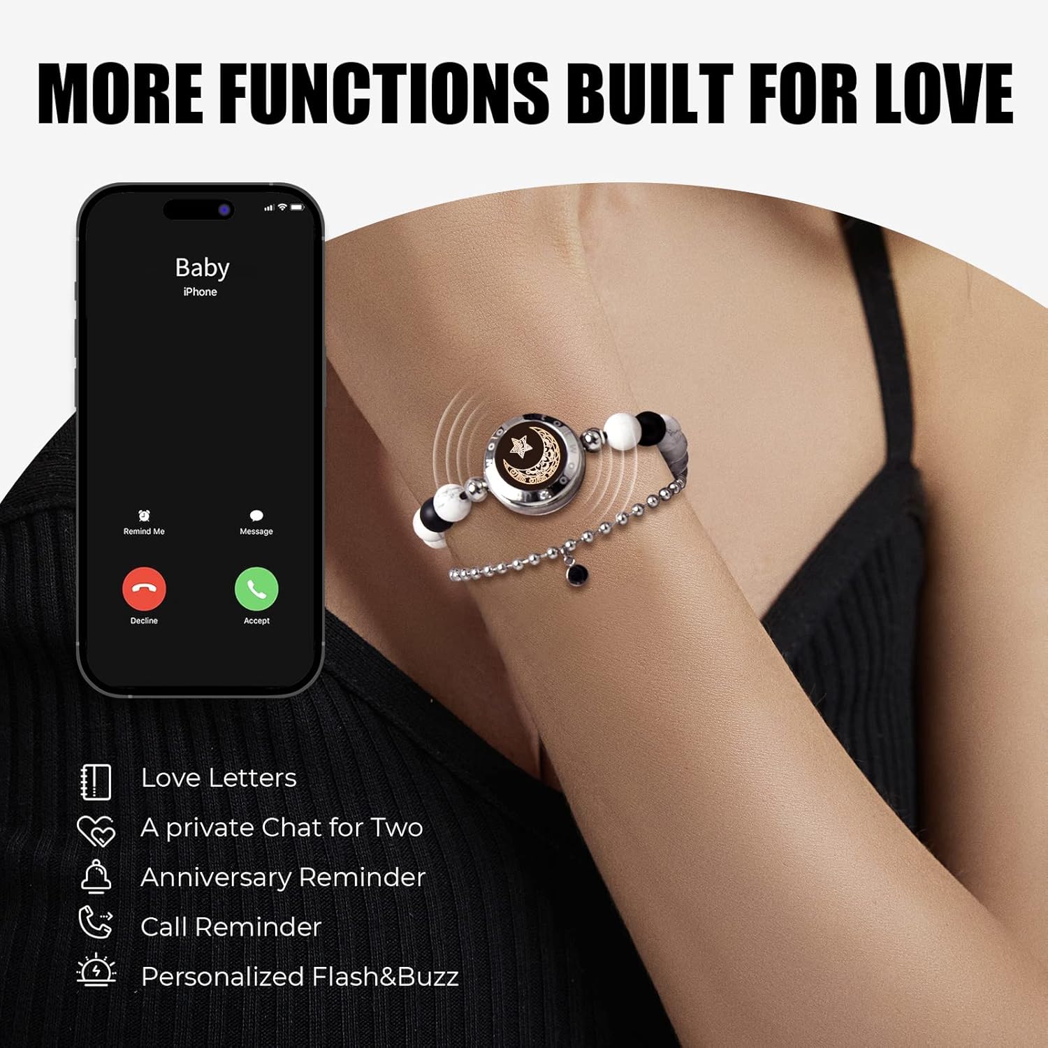 Dacida Couple Bracelet Couple Gifts Partner Bracelets with Touch Long Distance Relationship Gift for Long Distances Couple Love Gifts Vibration & Light Up Bluetooth Pairing Jewellery, Sun and Moon